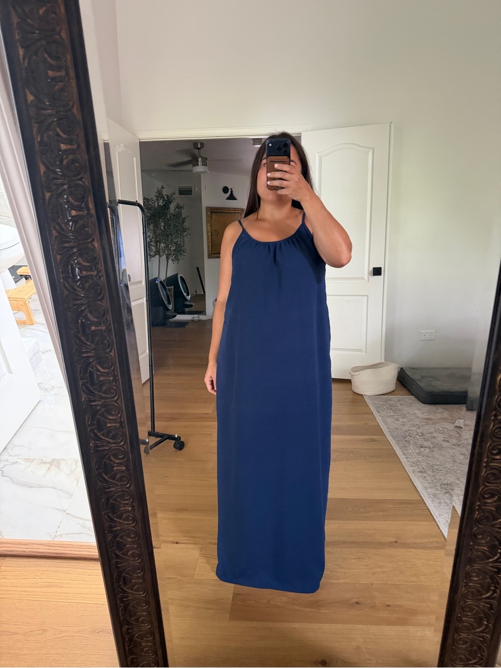 Sleeveless Halter Maxi Dress in Navy Blue Low Back Flowy Adjustable Womens Lg